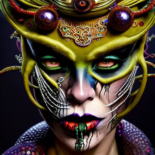 Prompt: uhd photorealisitc authentic two - face wearing ornate costume and intricate voodoo makeup, intricate details, vivid colors, frightening surroundings, studio lighting, correct details, in the style of amano, karol bak, akira toriyama, and greg rutkowski