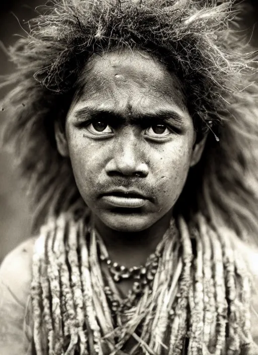 Image similar to Award winning Editorial photo of a Native Nauruans with incredible hair and beautiful hyper-detailed eyes wearing traditional garb by Lee Jeffries, 85mm ND 5, perfect lighting, gelatin silver process