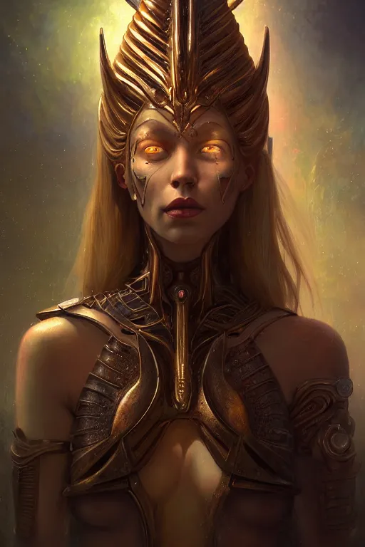 Image similar to portrait oils, beautiful female hybrid cyborg atlantean anubis hada elsa jean alien warrior, regal, realistic, refined, detailed, digital art, jessica rossier, michael cheval, esao andrews, steampunk, walt disney, francois boucher, oil painting, highly detailed, cinematic lighting, unreal, natural tpose