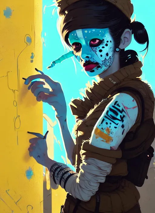 Image similar to highly detailed portrait of a sewer punk student lady with white graffiti face paint by atey ghailan, james gilleard, by joe fenton, by greg rutkowski, by greg tocchini, by kaethe butcher, 4 k resolution, gradient yellow, black, brown and cyan color scheme, grunge aesthetic!!! ( ( dystopian graffiti tag wall in background ) )