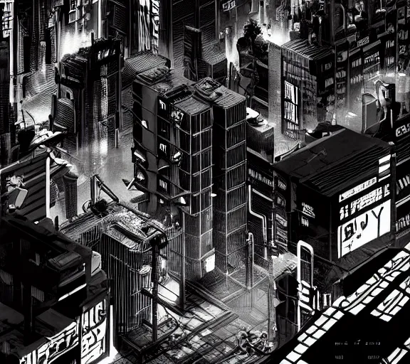 Image similar to a black and white illustration of a cyberpunk epic Friday night firefight in the style of MC Escher, Night City, cyberpunk 2077, 1979 OMNI Magazine Cover, very very coherent, street level neo-Tokyo in Cyberpunk 2045, 4k, 8k, HD, trending on artstation