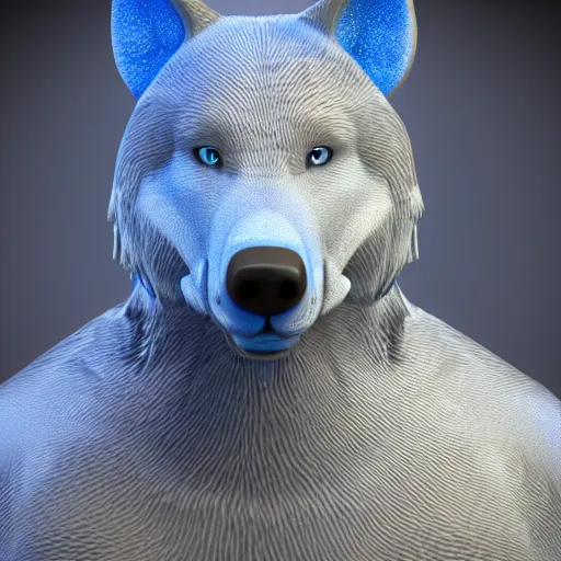 Image similar to 3 d render, well toned, large and tall, female, anthropomorphic wolf with a short snout, furless, blue scales with white spots, icey blue dress, scales covering her chest.