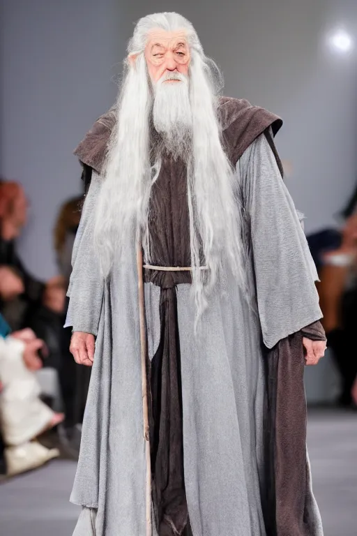 Prompt: gandalf as runway model on the catwalk, Fullbody