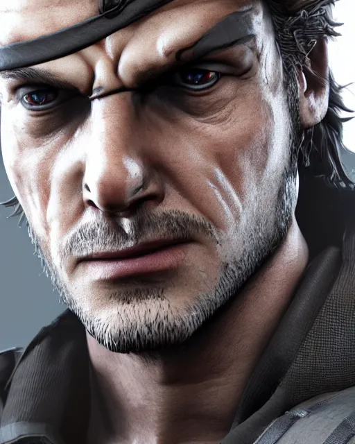Prompt: solid snake bust portrait, cinematic lighting, backlit face, tired expression, close - up, black atmospheric background, 4 k ultra detailed photorealistic render, best of artstation hdr, redshift houdini