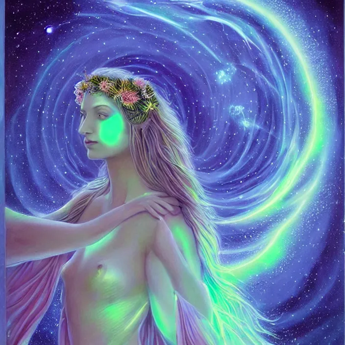 Image similar to the rise of the divine feminine goddess, bioluminescent, aurora in the universe, cosmos, divine power energy, light force, hyper - realistic, highly detailed, mystical, sharp focus, realistic, sci - fi, the awakening of the divine energy