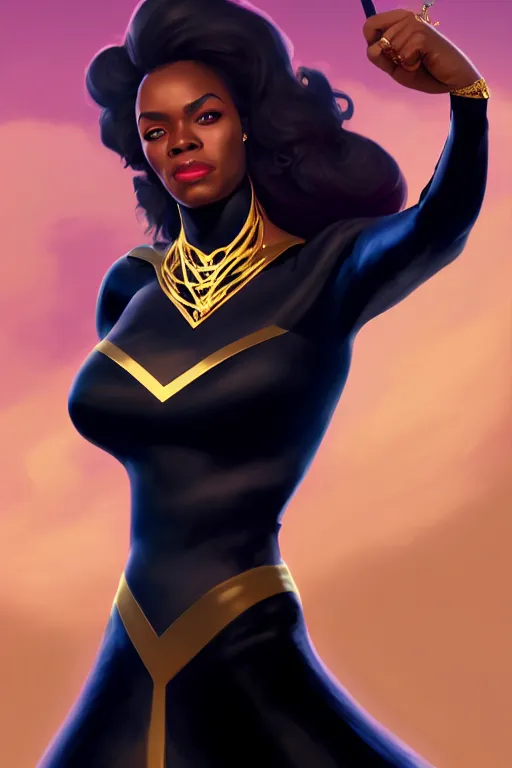 Prompt: portrait of black super woman, velvet gown, highly detailed and rendered gold jewelry, digital art, intricate, sharp focus, trending on artstation, hq, unreal engine 5, 4 k uhd image, by brom, artgerm, face by otto schmidt