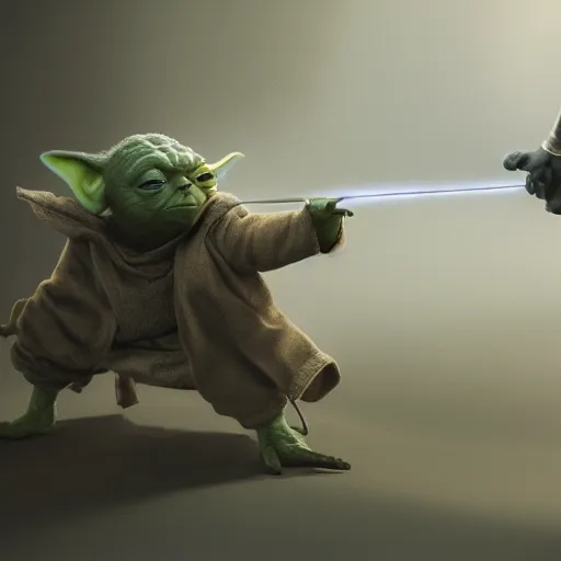 Prompt: Yoda hitting himself with a stick, hyperdetailed, artstation, cgsociety, 8k