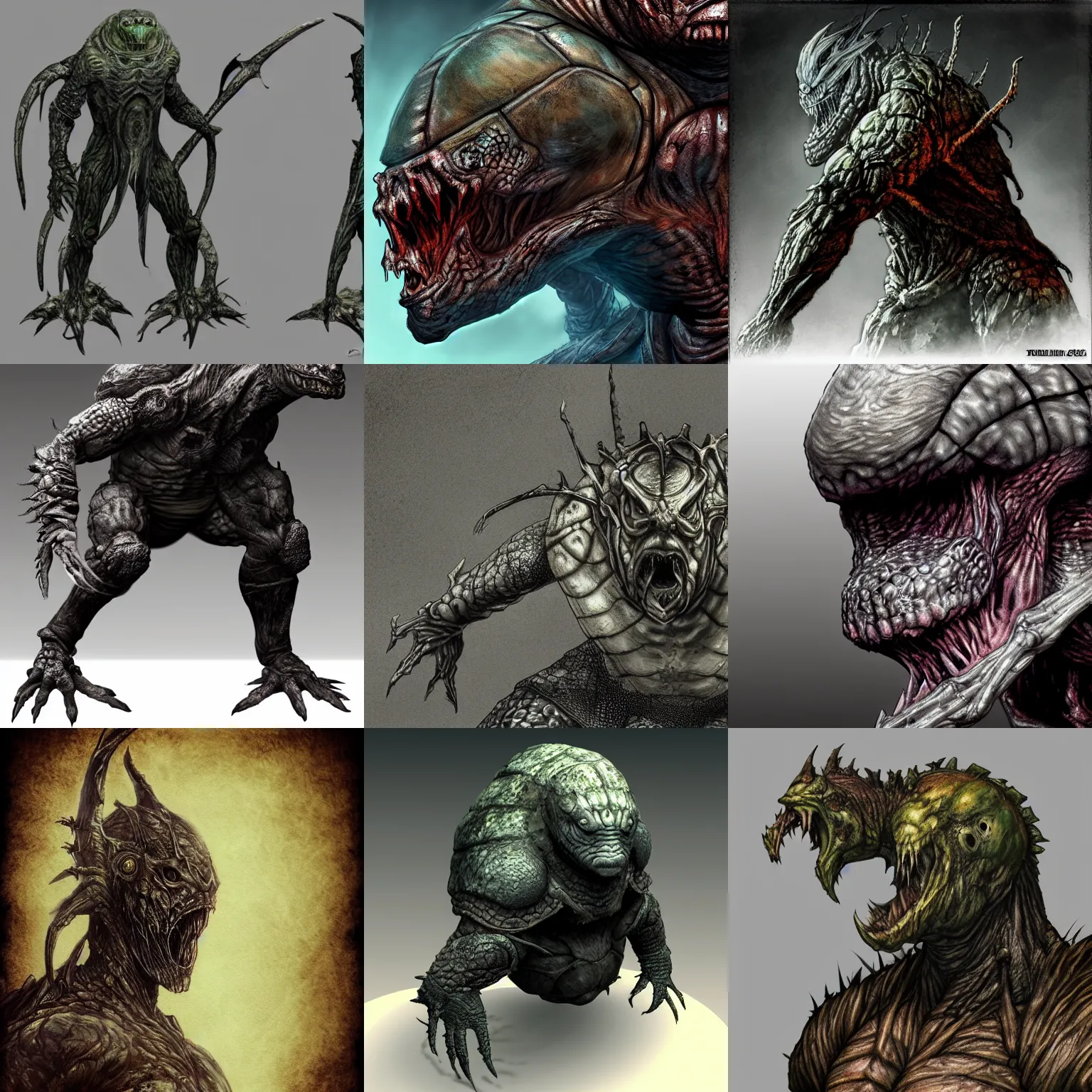 Prompt: elden ring, dark souls, humanoid turtle monster, photorealistic, grimdark, gruesome, front view, side view