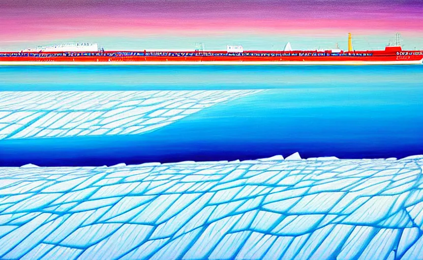 Image similar to a surreal colourful painting of arctic ice breaker going through ice field with epic cracks