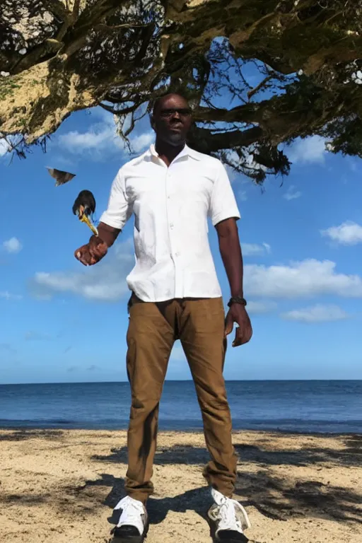 Image similar to a full - height photo of a black masculine man standing near an ocean, holding a white pigeon