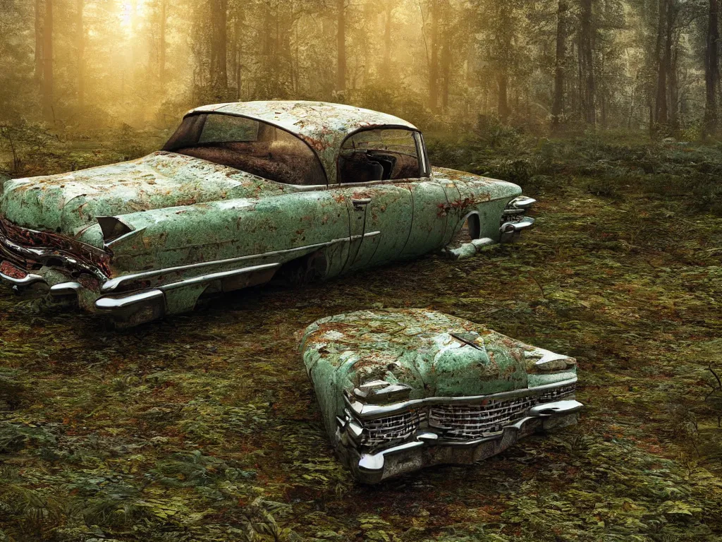 Image similar to an abandoned rusty and partly moss - covered cadillac coupe deville 1 9 5 9 in a forest clearing in the evening light, 1 6 mm wideangle lens, volumetric lighting, octane render, artstation