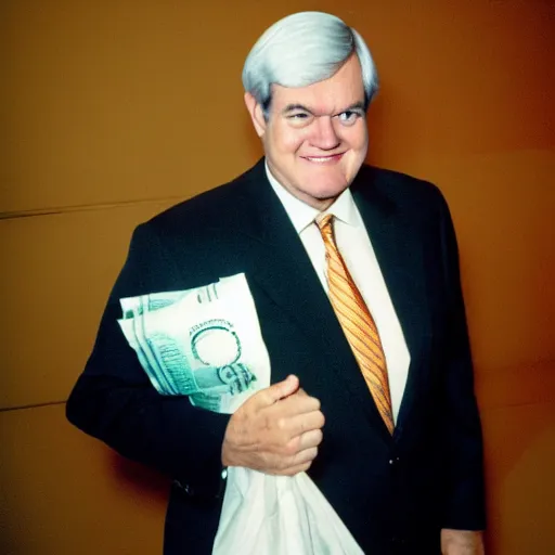 Prompt: Former House Speaker Newt Gingrich holding a big bag of money. CineStill
