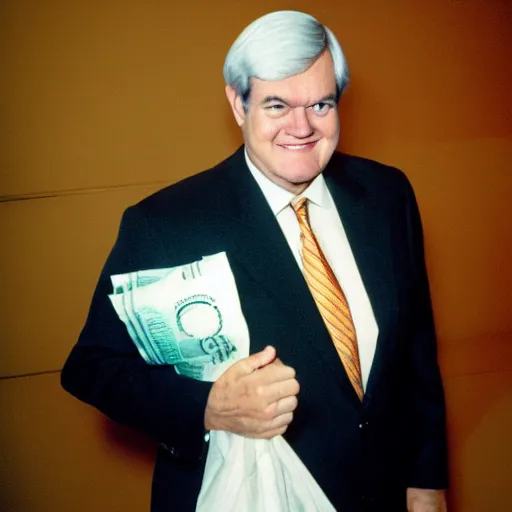 Image similar to Former House Speaker Newt Gingrich holding a big bag of money. CineStill