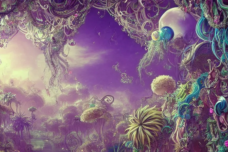 Prompt: simplicity, a huge flock of many ornate intricate puffy filigreed clouds tangled into large whirling ultra detailed crystal specimens, art nouveau jungle environment, playful, award winning art, epic dreamlike fantasy landscape, ultra realistic,