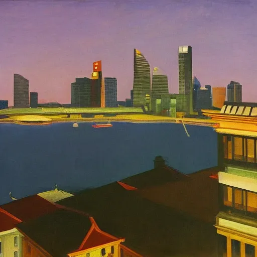 Image similar to the singapore skyline, by edward hopper