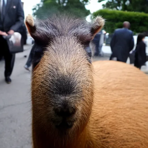 Prompt: an antropomorphic capybara wearing a suit smoking a cigar