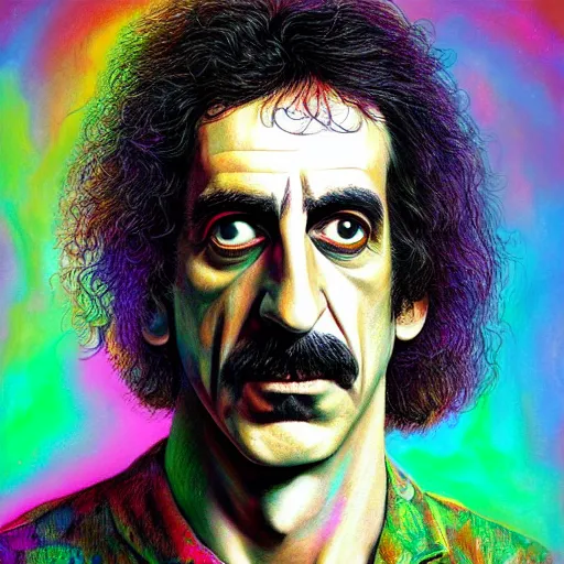 Prompt: An extremely psychedelic portrait of Frank Zappa, surreal, LSD, face, detailed, intricate, elegant, lithe, highly detailed, digital painting, artstation, concept art, smooth, sharp focus, illustration