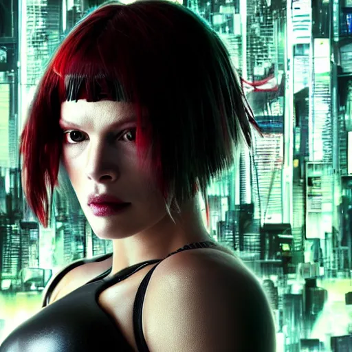 Image similar to Cyborg girl with style of Ghost in the Shell protagonized by Mila Jovovich, human face, robotic body, smooth skin, wires, realistic, VFX, 4k