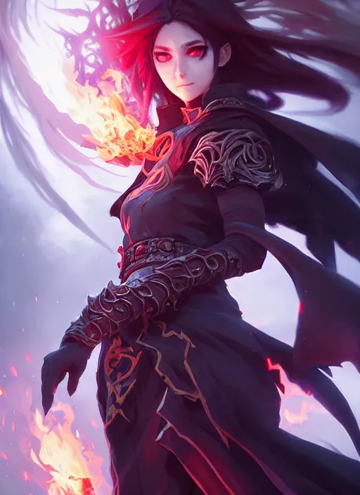 Prompt: beautiful necromancer with fire and thunder magic, attarctive face, anime key visual, highly detailed, sharp focus, concept art, league of legends, style by shumolly and monable and artgerm and greg rutkowski and zeronis and pilyeon and ruan jia