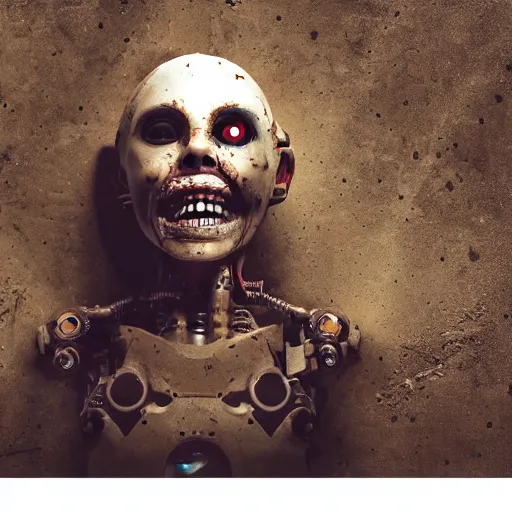 Prompt: photo of an abandoned dirty cyborg sitting in the floor, looking at the camera and smiling with a creepy face in a basement by Greg Rutkowski, dark, creepy, horror, disgusting, dust, brown scheme color, uncanny valley, full shot, photo photo, depth of field, red eyes, highly detailed face