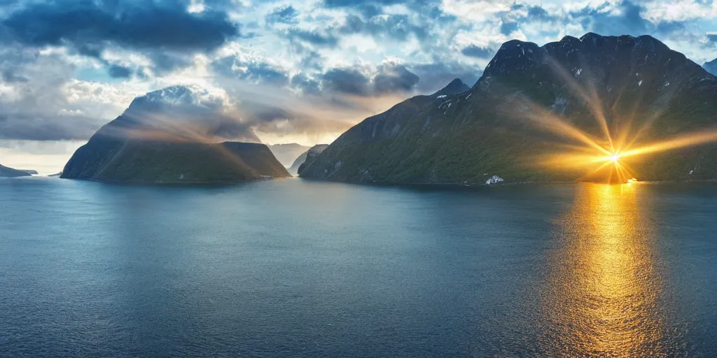 Image similar to a beautiful view of the fjords by the sea. atmosphere, god rays, golden hour, cinematic