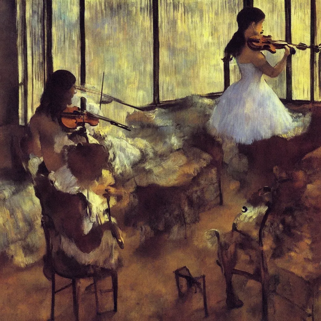 Image similar to impressionistic painting of a woman playing a violin in a dark bedroom as city lights stream through the window, painting style by salvador dali and degas and manet