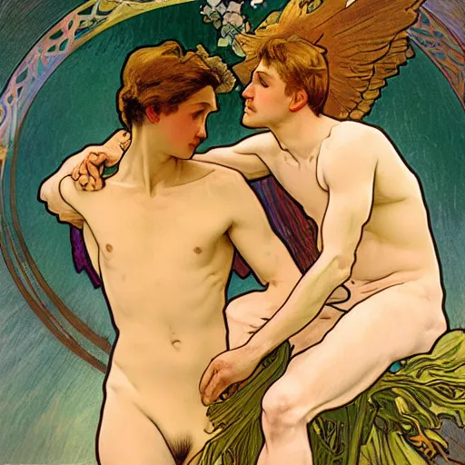 Prompt: ultra realistic illustration of young male angel with wings and apollo, embrace, full body, male body, elegant study, poster art alphonse mucha