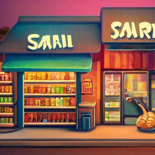 Image similar to snail that runs a convenience store, realistic painting, golden hour lighting, 8k