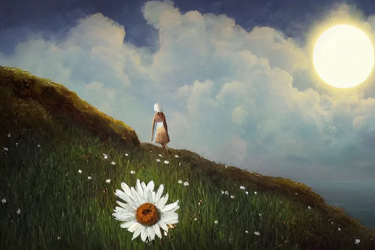 Image similar to giant white daisy flower head, girl walking on cliff, surreal photography, solar eclipse, milky way, dramatic light, impressionist painting, clouds, digital painting, artstation, simon stalenhag