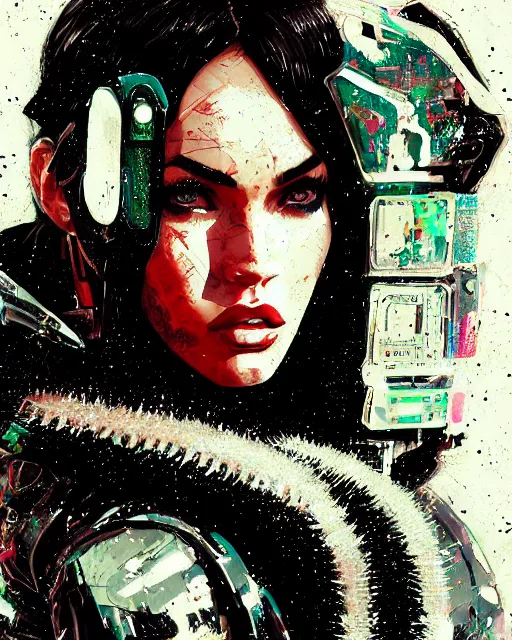 Image similar to detailed portrait Megan Fox Neon Operator Girl, cyberpunk futuristic neon, reflective puffy coat, decorated with traditional Japanese ornaments by Ismail inceoglu dragan bibin hans thoma greg rutkowski Alexandros Pyromallis Nekro Rene Maritte Illustrated, Perfect face, fine details, realistic shaded, fine-face, pretty face