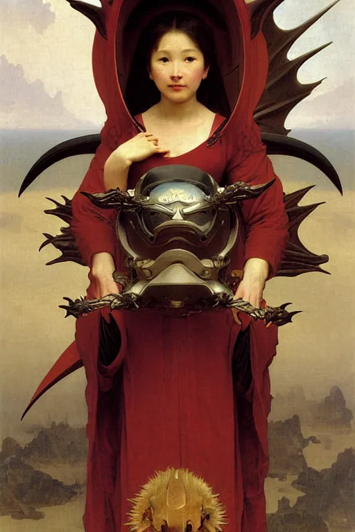 Image similar to portrait of a evil dragon astronaut with chinese dragon armor and helmet, majestic, solemn, by bouguereau