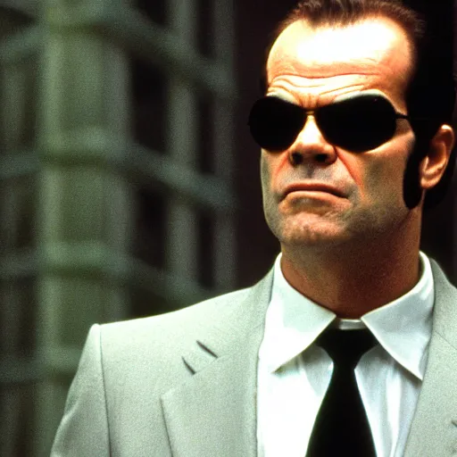 Image similar to Jack Nicholson as Agent Smith on the matrix, 1999, close-up, cinematic composition, cinemascope,