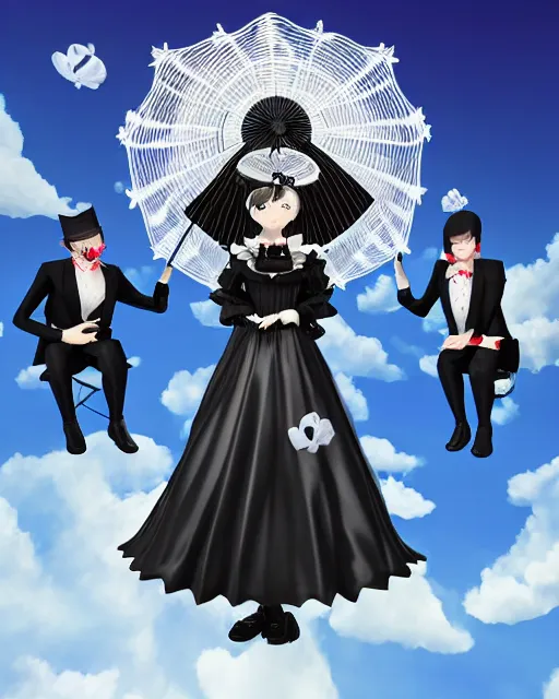 Image similar to a gothic lolita gown woman with a parasol and gothic lolita man with a suit and tie sitting on a cloud surrounded with cibi angles and by the gates of heaven 3 d digital art