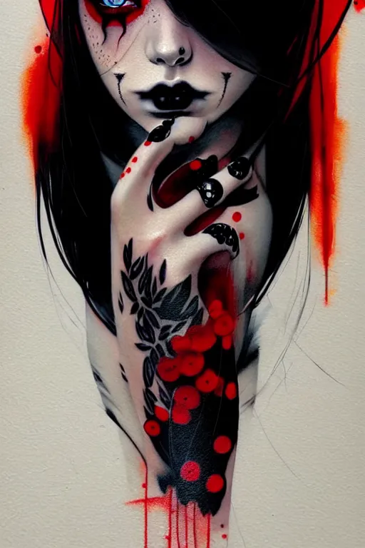 Image similar to a ultradetailed beautiful painting of a stylish goth girl, black eyes, red and black tattoos, by conrad roset, greg rutkowski and makoto shinkai, jon foster, trending on artstation