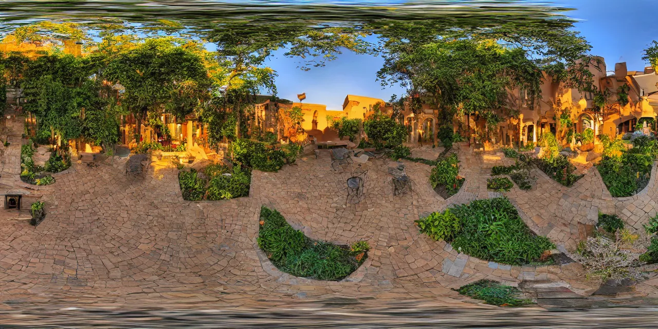 Prompt: equirectangular, 3 6 0, courtyard, vine, golden hour, beautiful!!!!!!!