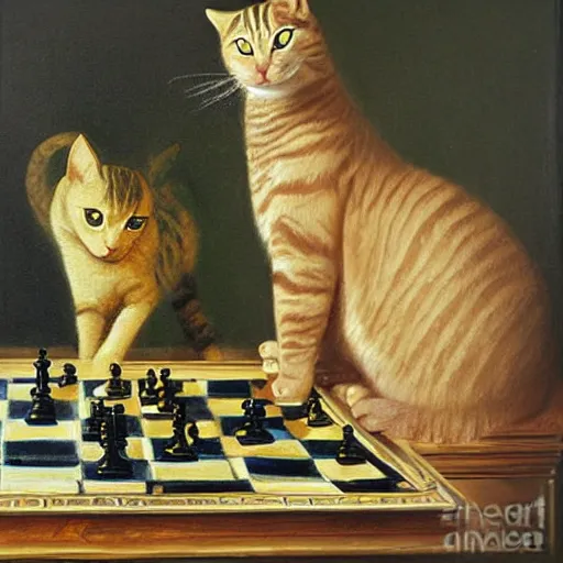 Image similar to cat playing chess looking wise, rococo oil painting