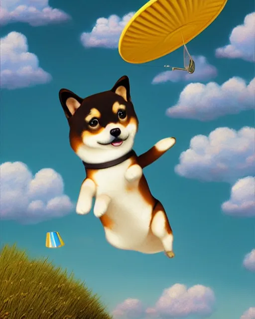 Prompt: shiba inu flies up with a frisbee ， painting photoshop by mark ryden and pixar and hayao miyazaki, 8 k