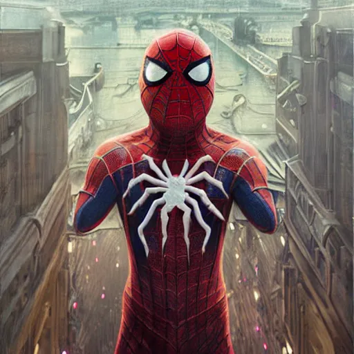 Image similar to ultra realistic illustration, wide angle shot, kermit as spider man, intricate, elegant, highly detailed, digital painting, artstation, concept art, smooth, sharp focus, by artgerm and greg rutkowski and alphonse mucha
