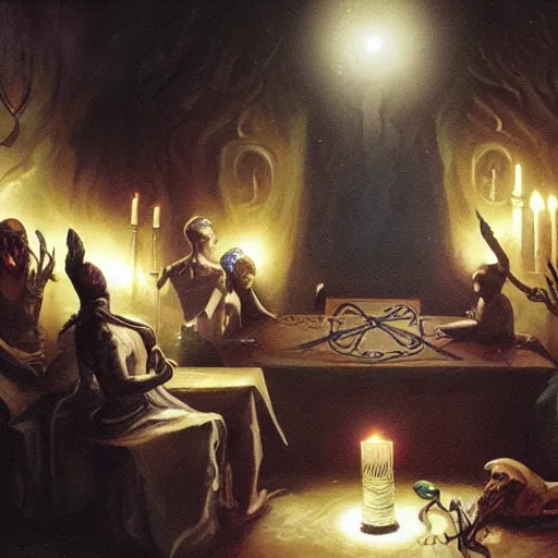 Image similar to a seance in a dark room with a white glow around a center table, fantasy art, magic : the gathering