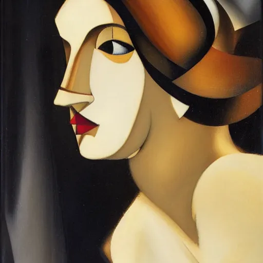 Image similar to by tamara de lempicka, by guy carleton wiggins lines. a beautiful kinetic sculpture of a person in profile, with their features appearing both in front of & behind their head.