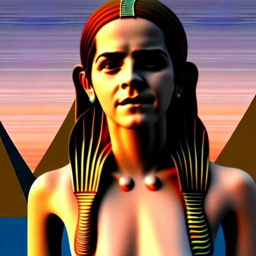 Image similar to emma watson demonic egyptian queen, an oasis in the background, anatomically correct body, many details, super realistic, high quality, 8 k