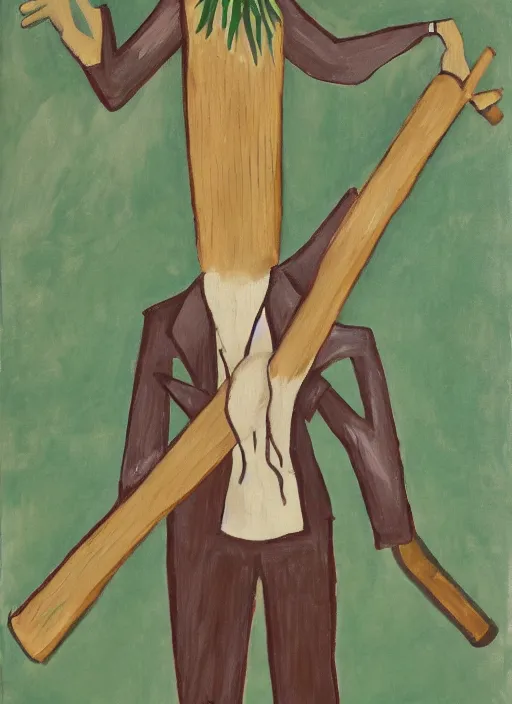 Image similar to painting of a tree person wearing a tuxedo holding two swords in his wooden hands