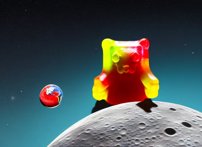 Prompt: a gummy bear walking on the moon staring back at a tiny earth, photorealistic, 5 5 mm, 1 6 k details, hyperrealist, side shot, wide lens, cinematic
