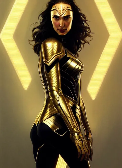 Image similar to symmetry!! portrait of gal gadot, gold sci - fi armour, tech wear, glowing lights!! sci - fi, intricate, elegant, highly detailed, digital painting, artstation, concept art, smooth, sharp focus, illustration, art by artgerm and greg rutkowski and alphonse mucha