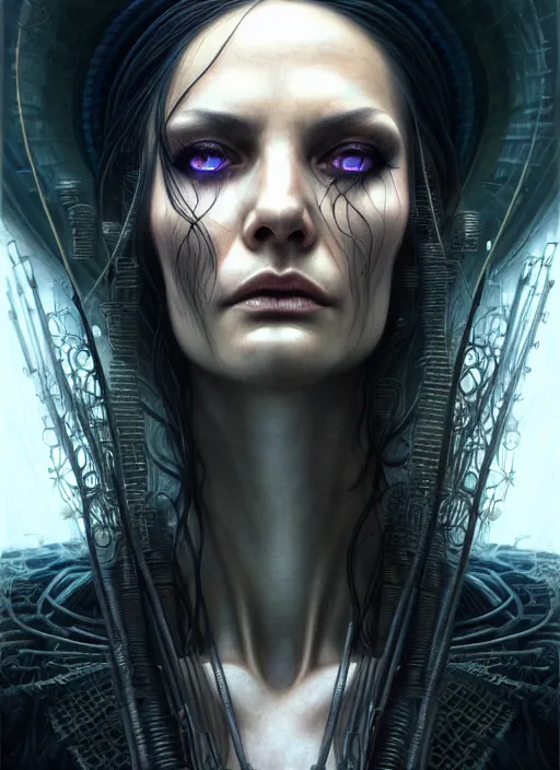 Image similar to closeup portrait shot of a cyberpunk witch in a scenic dystopian environment, intricate, elegant, highly detailed, centered, digital painting, artstation, concept art, smooth, sharp focus, illustration, artgerm, tomasz alen kopera, peter mohrbacher, donato giancola, joseph christian leyendecker, wlop, boris vallejo