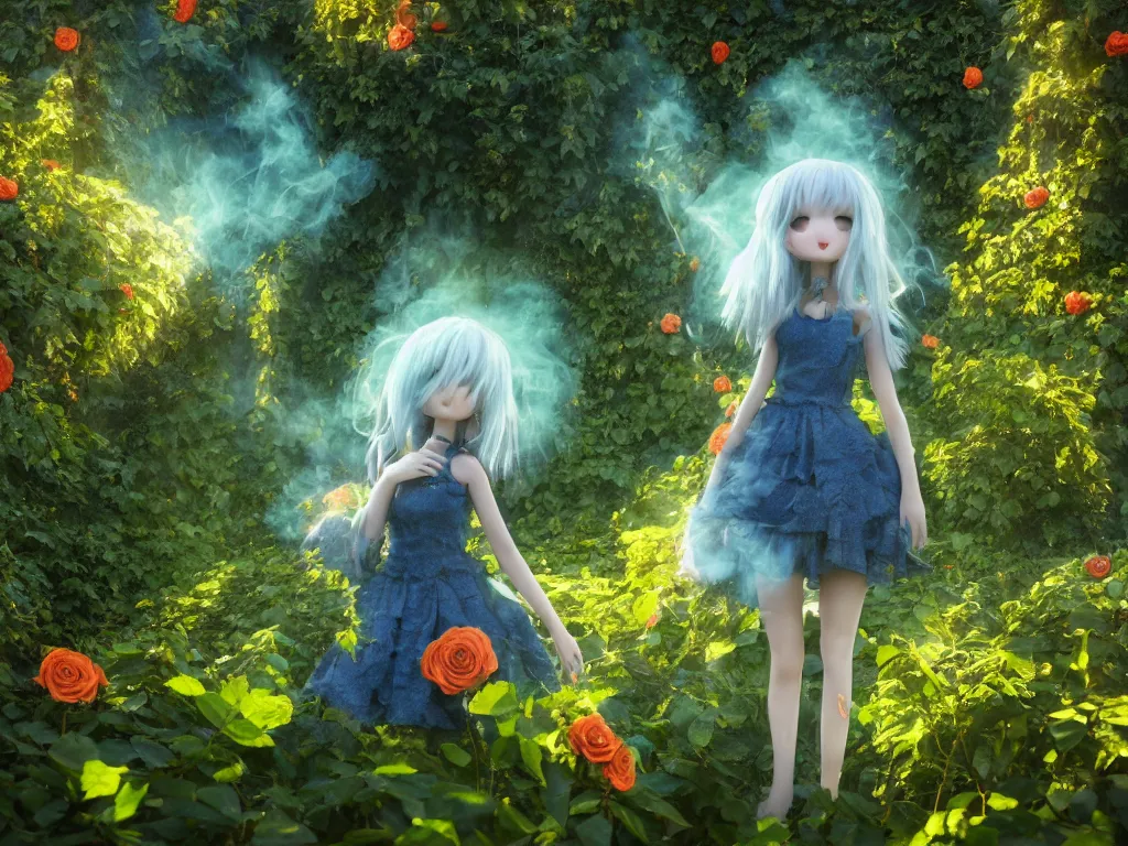 Image similar to cute fumo plush girl among vines in the middle of a lush rose garden, glowing gothic wraith plantgirl, tattered green dress, smoke and orange volumetric fog, blue sky sunshine, bokeh, vray