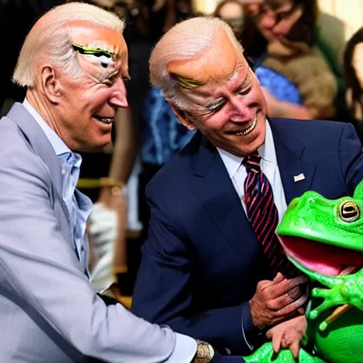 Prompt: joe biden kissing a frog as it turns into a princess