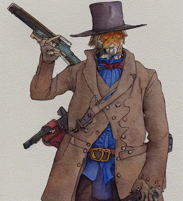 Image similar to a 3 / 4 view watercolor ink painting of an anthropomorphic bunny gunslinger posing with their revolver - rifle in the style of jean giraud in the style of moebius trending on artstation deviantart pinterest detailed realistic hd 8 k high resolution