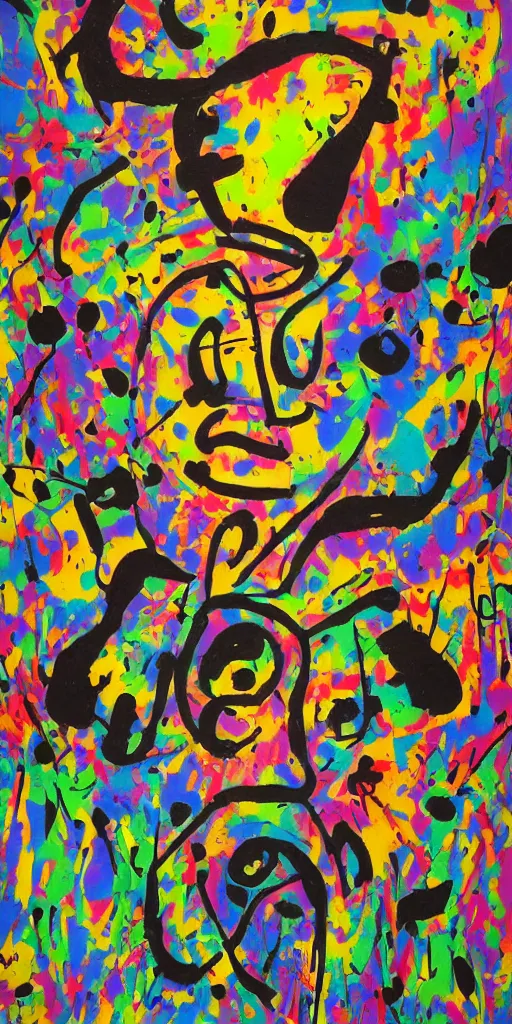 Image similar to minimalistic graffiti masterpiece, black background, psychedelic therapy, artwork by joan miro, trending on ArtStation, ink splatters, pen lines, incredible detail, creative, positive energy, happy, unique, negative space, face, artgerm