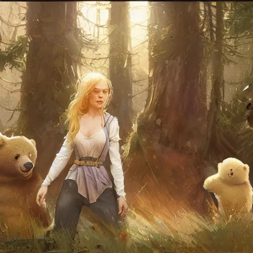 Image similar to close scene of a blond girl and the three bears are outside the bears house in the forest, artstation, concept art, smooth, sharp focus, illustration, art by greg mullens and greg rutkowski and alphonse mucha